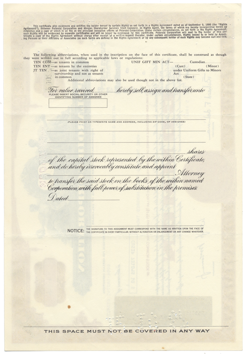 Polaroid Corporation Stock Certificate