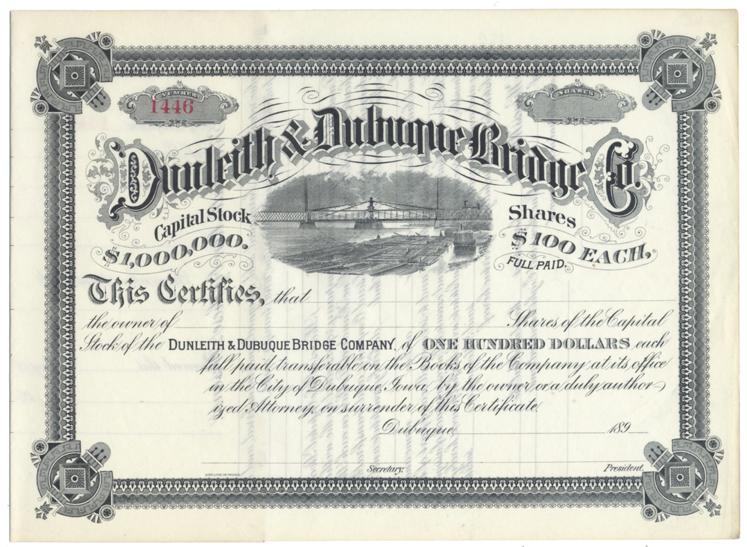 Dunleith & Dubuque Bridge Company Stock Certificate