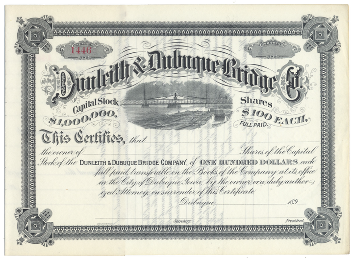 Dunleith & Dubuque Bridge Company Stock Certificate