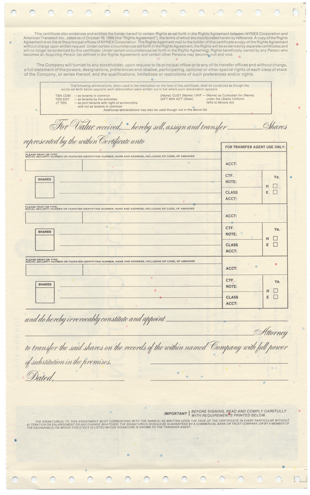 NYNEX Corporation Stock Certificate