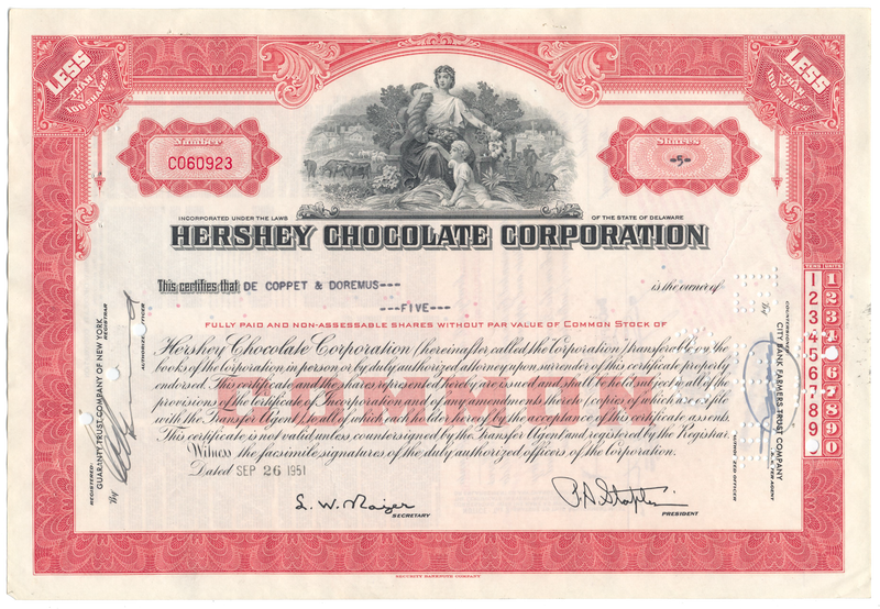 Hershey Chocolate Corporation Stock Certificate Ghosts of Wall Street Hershey Chocolate Corporation Stock Certificate Ghosts of Wall Street