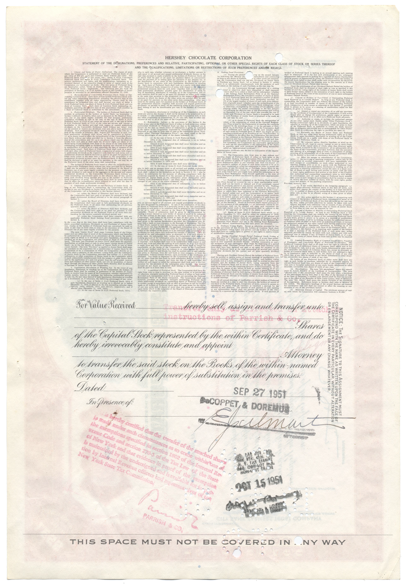 Hershey Chocolate Corporation Stock Certificate Ghosts of Wall Street Hershey Chocolate Corporation Stock Certificate Ghosts of Wall Street