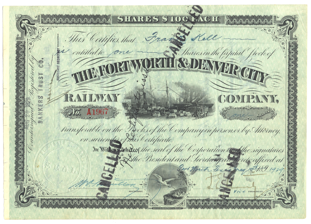 Fort Worth & Denver City Railway Company Stock Certificate