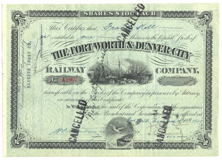 Fort Worth & Denver City Railway Company Stock Certificate