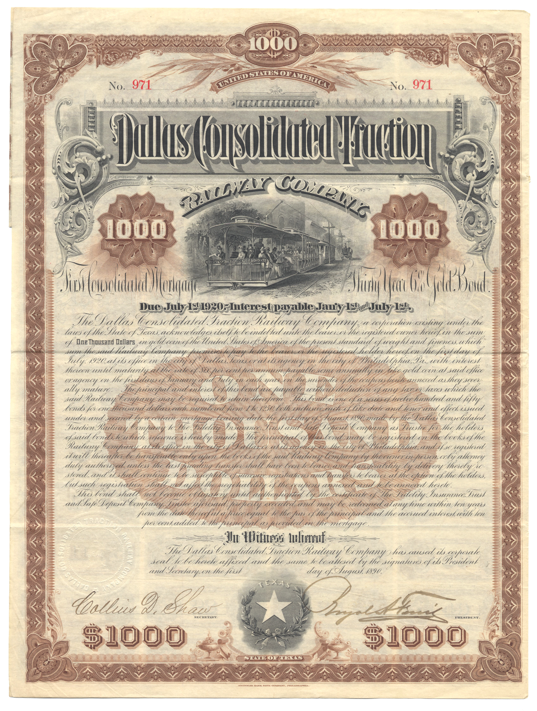 Dallas Consolidated Traction Railway Company Bond Certificate from 1890