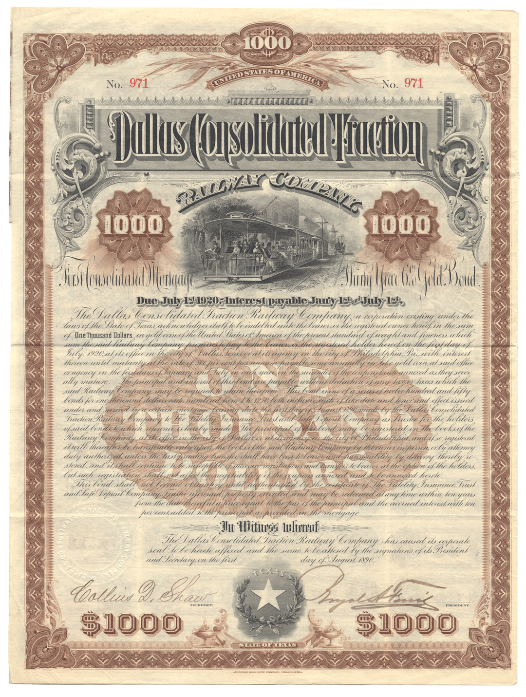 Dallas Consolidated Traction Railway Company Bond Certificate from 1890