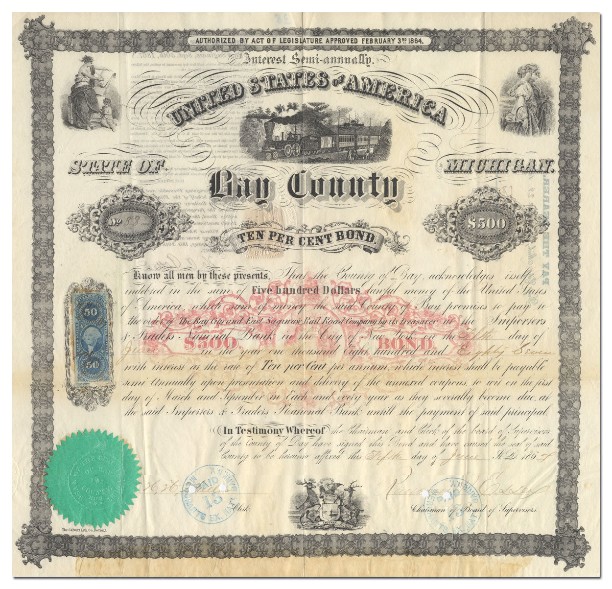 Bay County, Michigan  bond certificate for the Bay City and East Saginaw Rail Road Company dating back to 1867