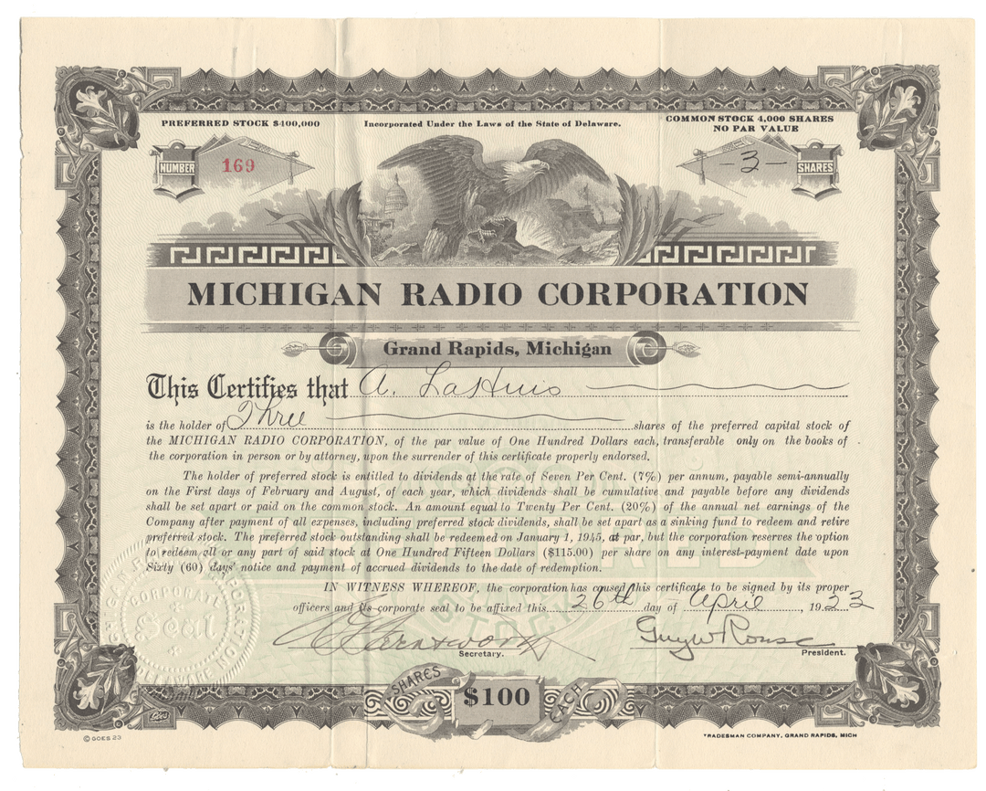 A vintage stock certificate for the Michigan Radio Corporation, dated 1923