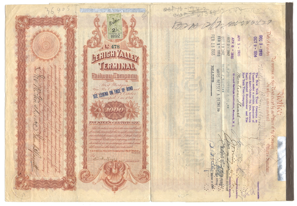 Lehigh Valley Terminal Railway Company Bond Certificate