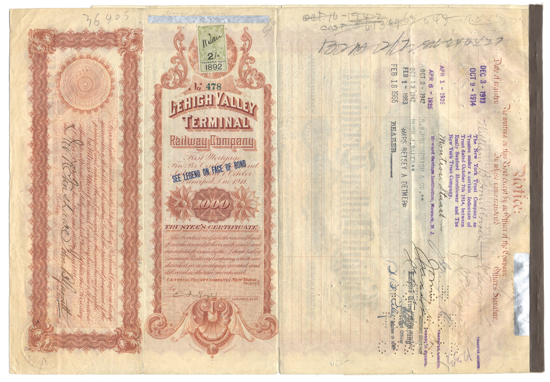 Lehigh Valley Terminal Railway Company Bond Certificate