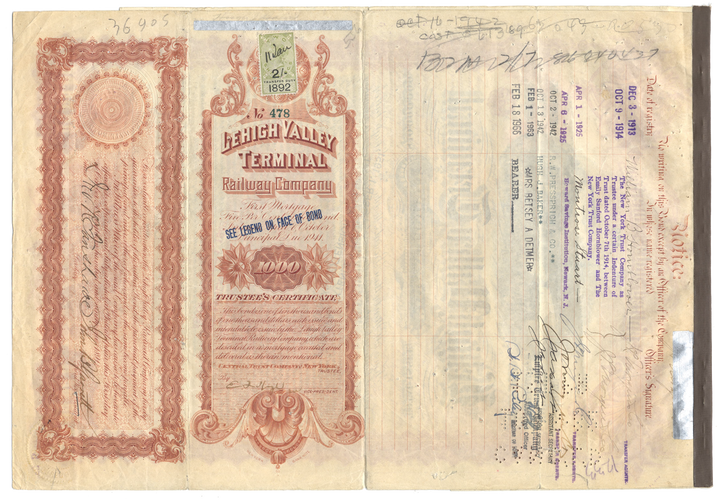 Lehigh Valley Terminal Railway Company Bond Certificate