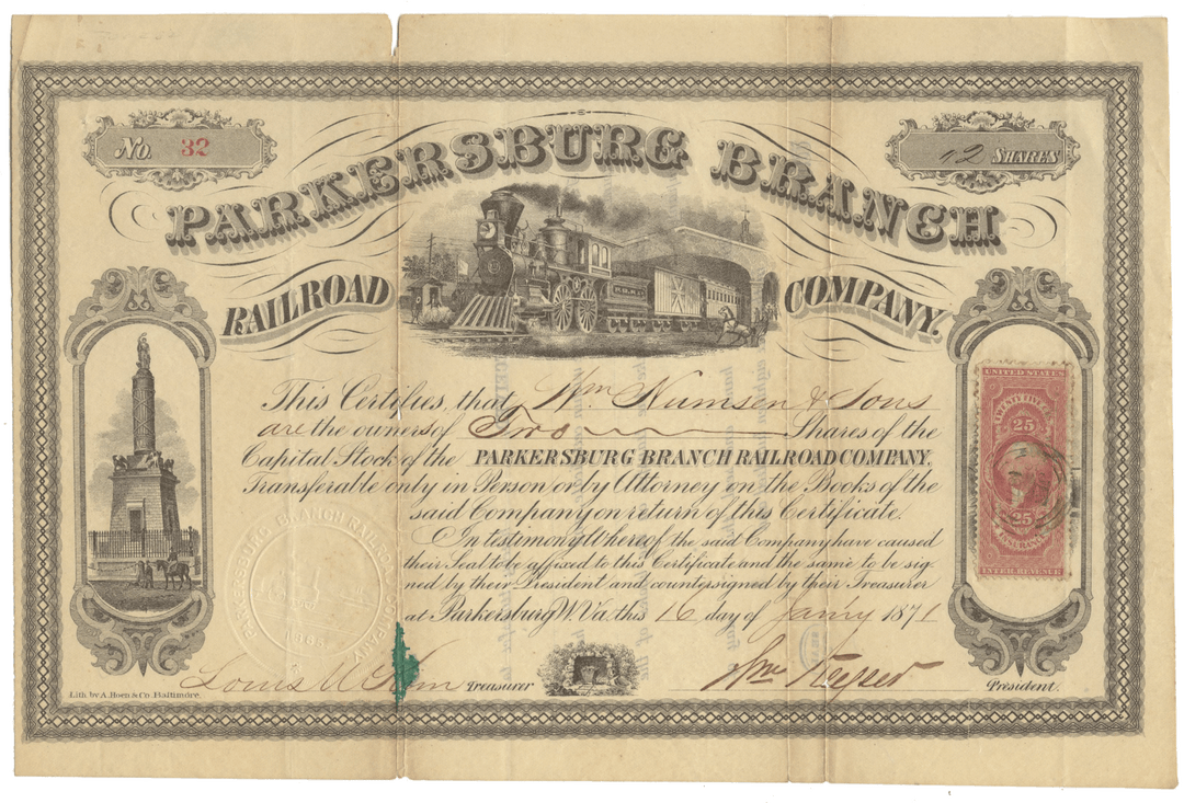 Historical stock certificate for Parkersburg Branch Railroad Company with train illustration and text.