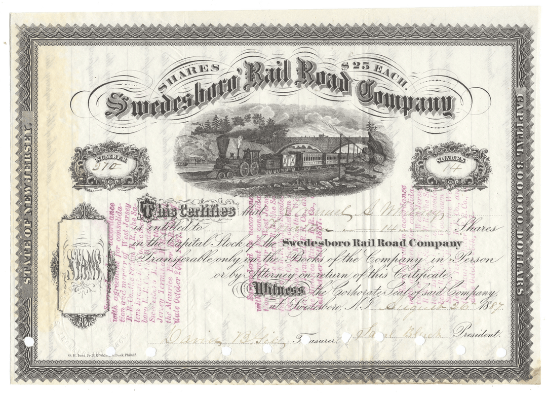 Stock certificate of the Swedesboro Rail Road Company with decorative elements and a train illustration from 1887