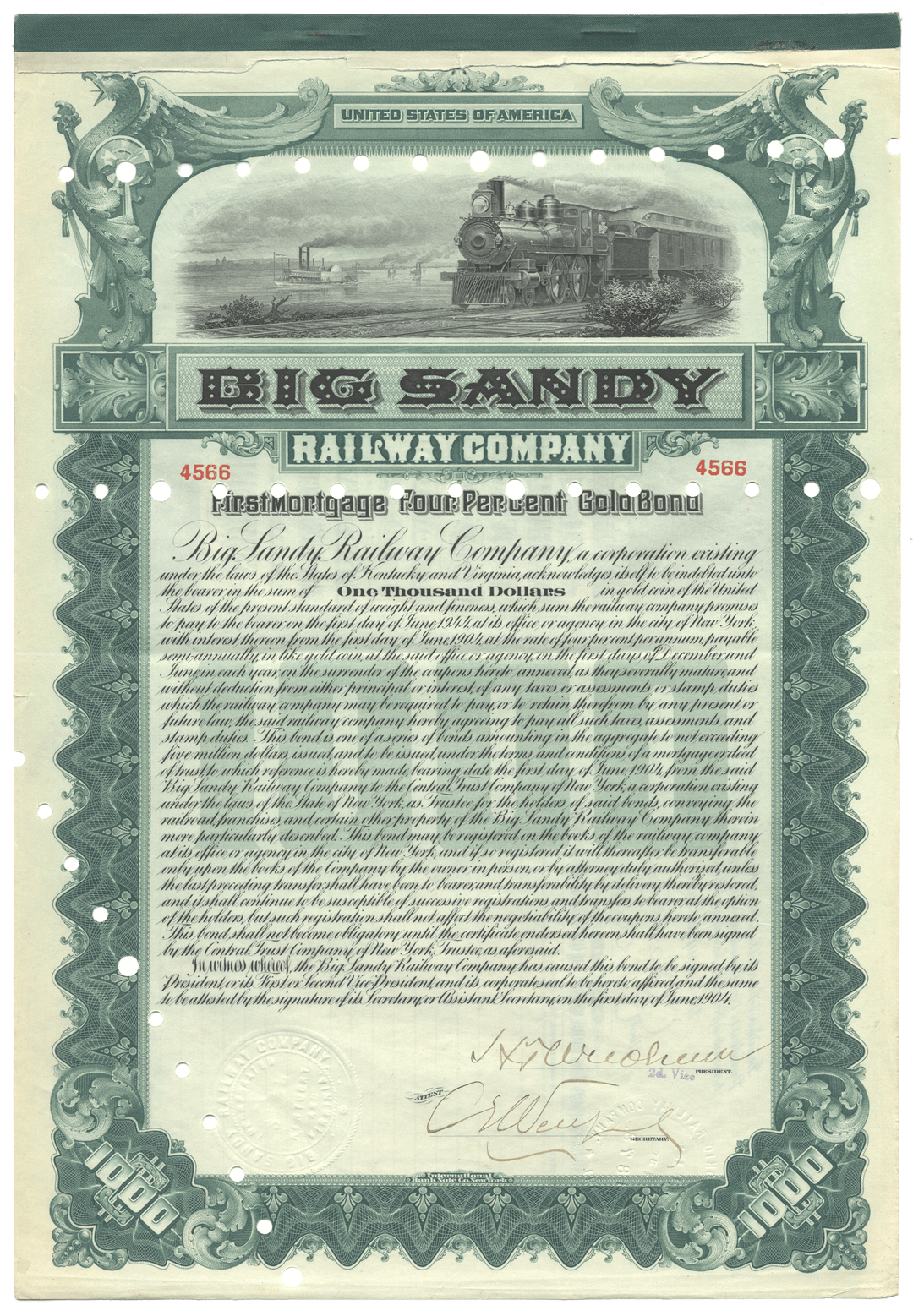 Historical bond certificate of the Big Sandy Railway Company with a steam locomotive illustration.