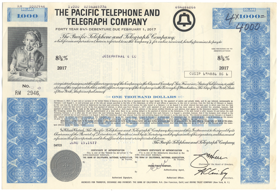 Pacific Telephone and Telegraph Company Bond Certificate