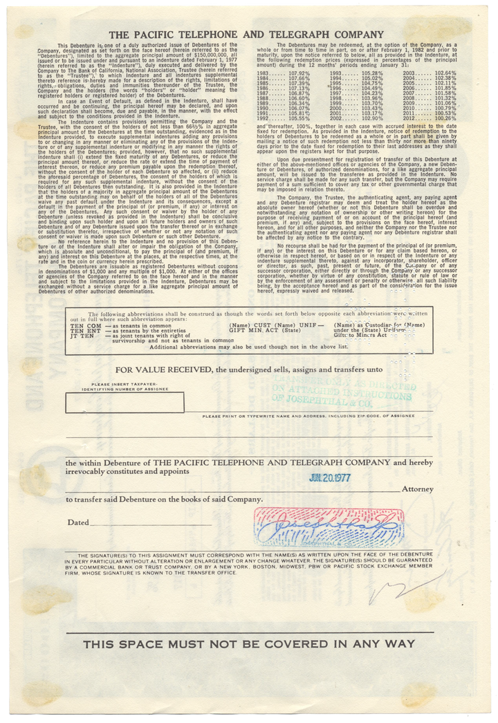 Pacific Telephone and Telegraph Company Bond Certificate