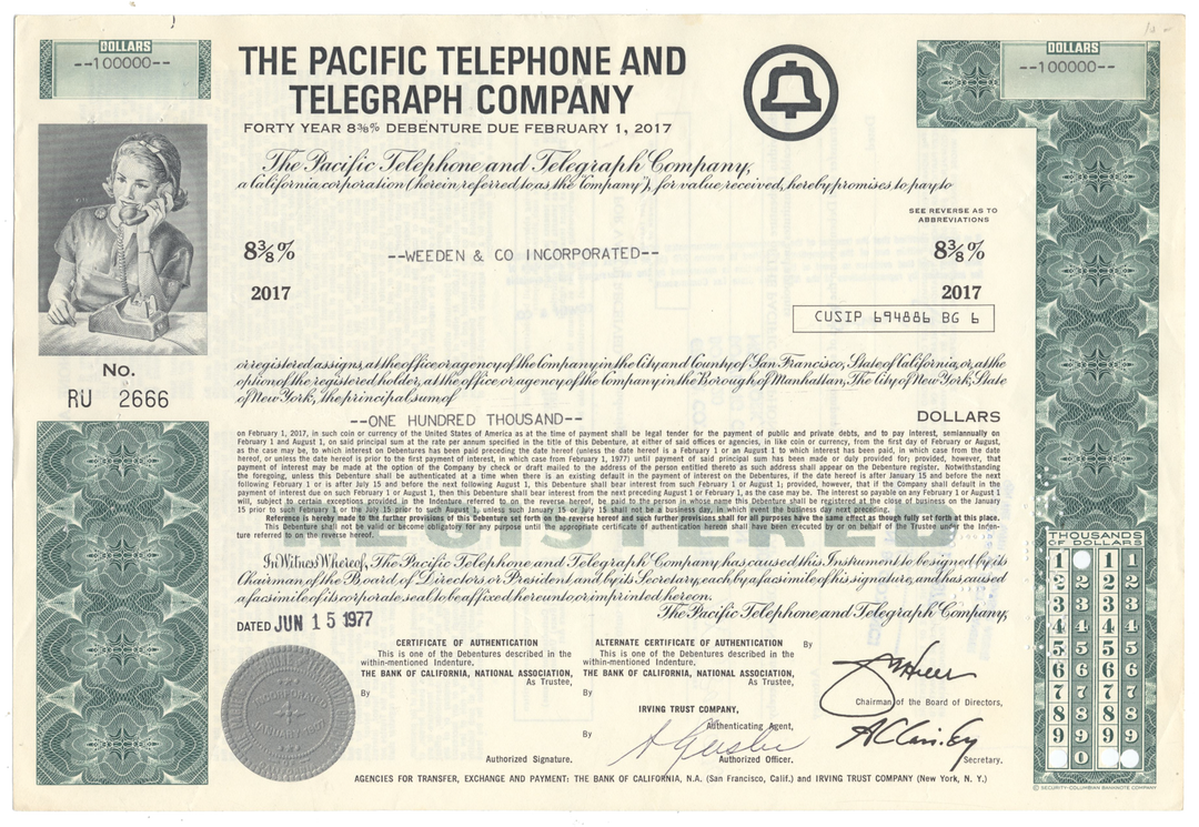 Pacific Telephone and Telegraph Company Bond Certificate