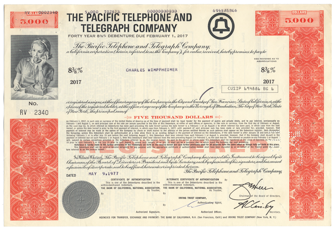 Pacific Telephone and Telegraph Company Bond Certificate