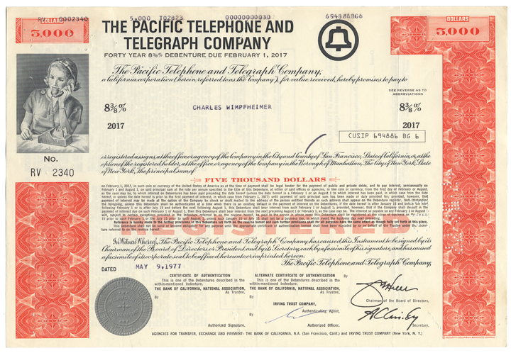 Pacific Telephone and Telegraph Company Bond Certificate