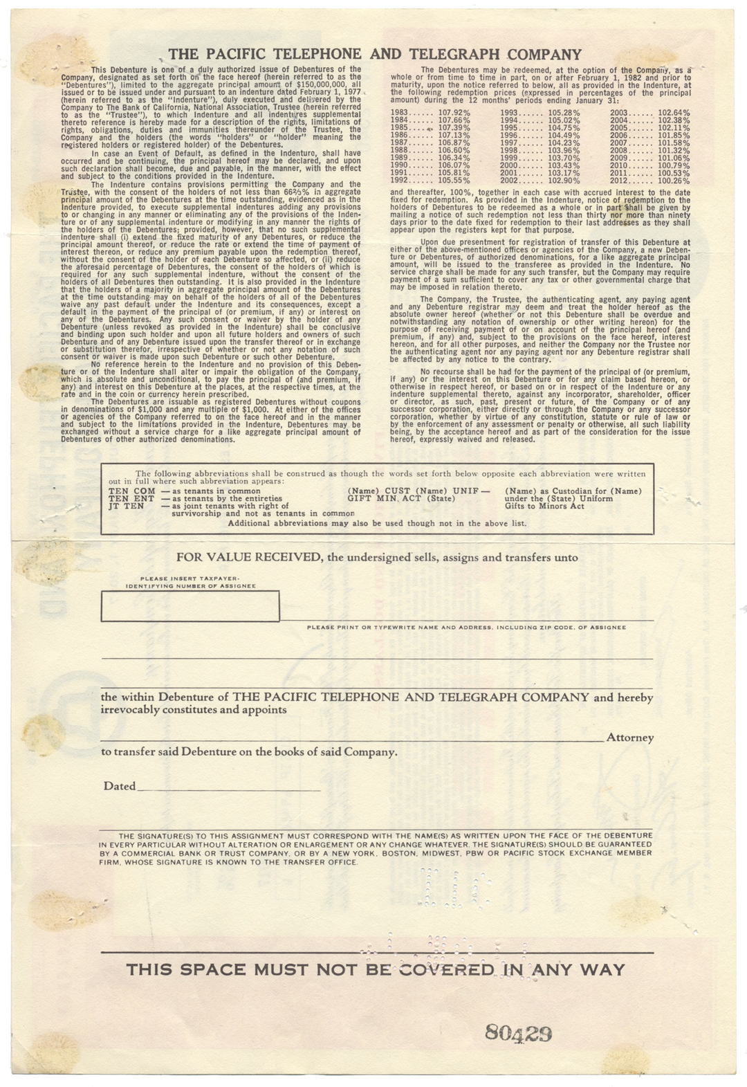 Pacific Telephone and Telegraph Company Bond Certificate