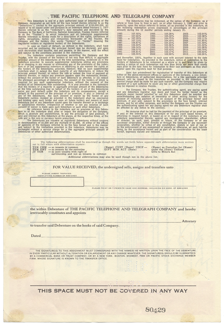 Pacific Telephone and Telegraph Company Bond Certificate