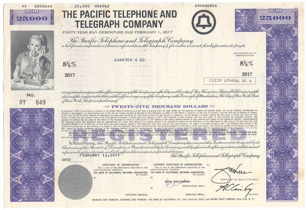 Pacific Telephone and Telegraph Company Bond Certificate