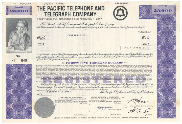 Pacific Telephone and Telegraph Company Bond Certificate