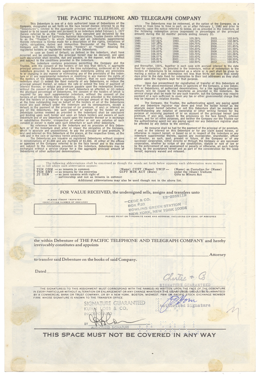 Pacific Telephone and Telegraph Company Bond Certificate