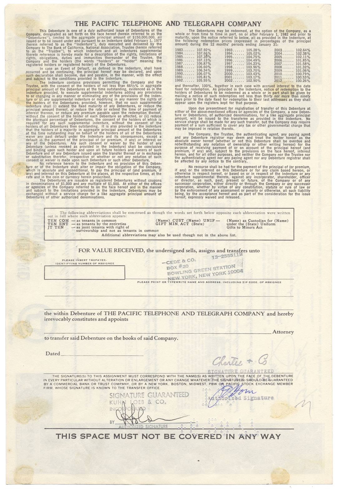 Pacific Telephone and Telegraph Company Bond Certificate