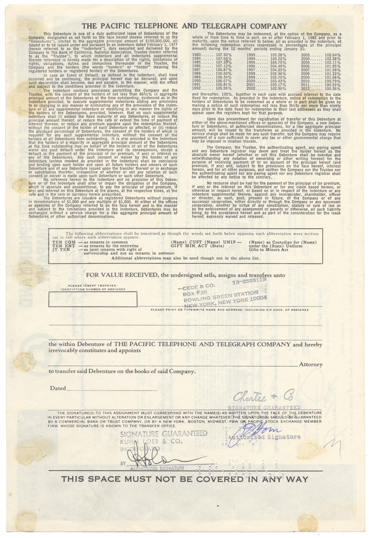 Pacific Telephone and Telegraph Company Bond Certificate