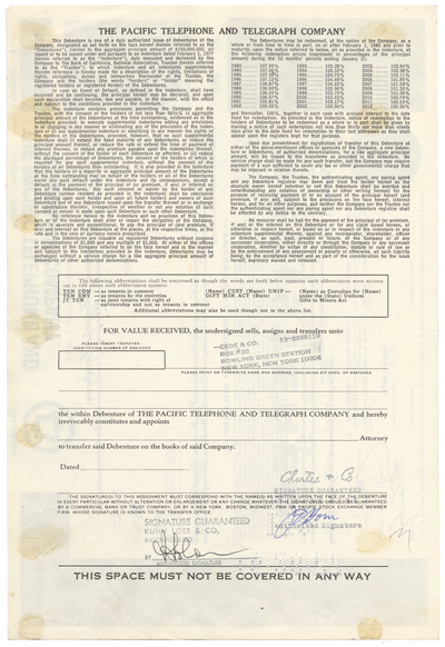 Pacific Telephone and Telegraph Company Bond Certificate