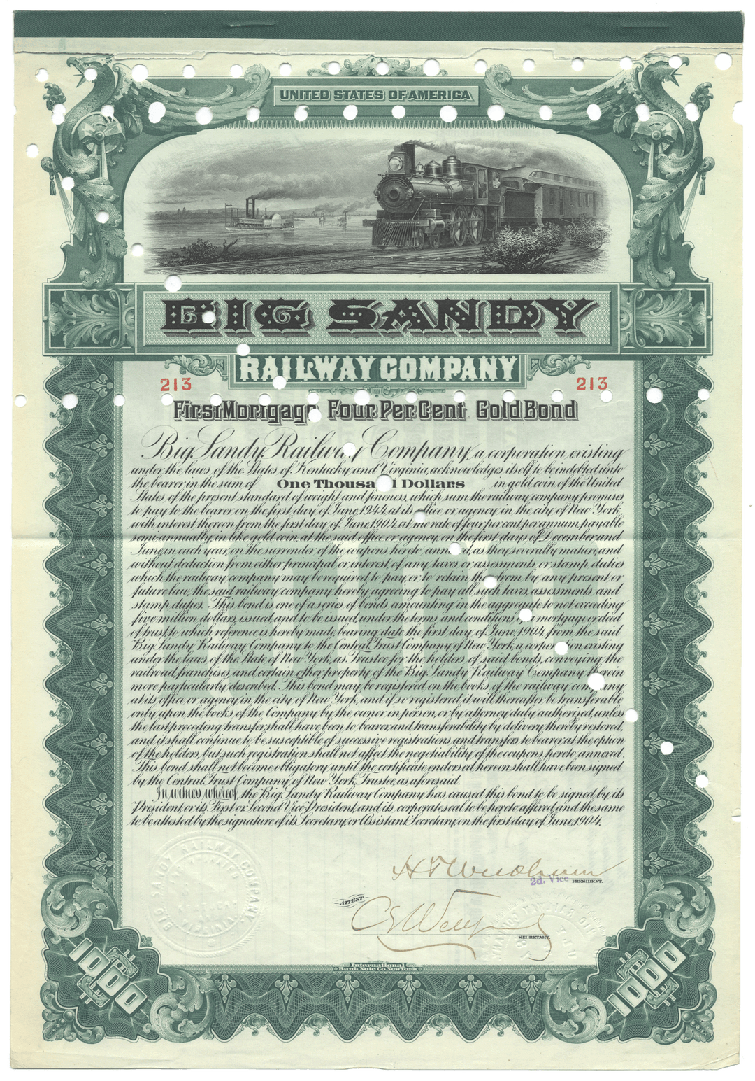 Vintage Big Sandy Railway Company gold bond certificate with train illustration
