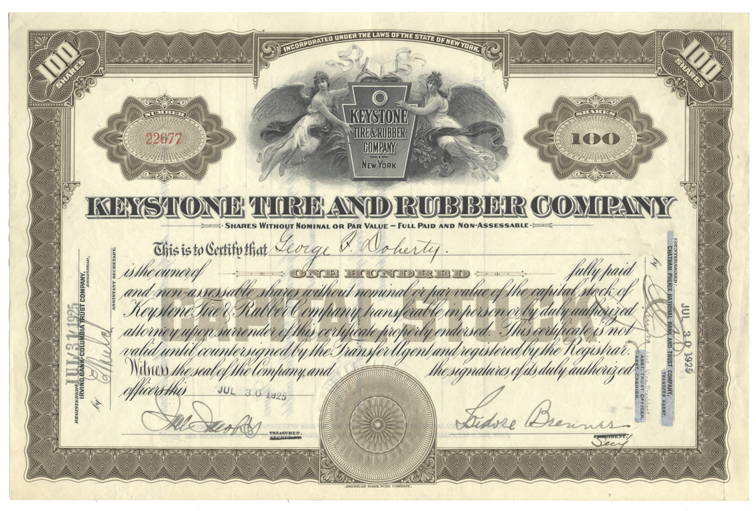 Keystone Tire and Rubber Company stock certificate with detailed design and text from 1925
