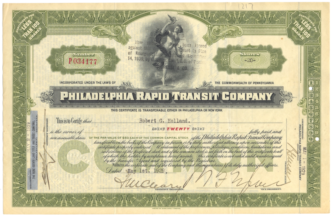 Philadelphia Rapid Transit Company Stock Certificate