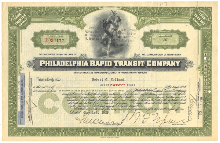 Philadelphia Rapid Transit Company Stock Certificate