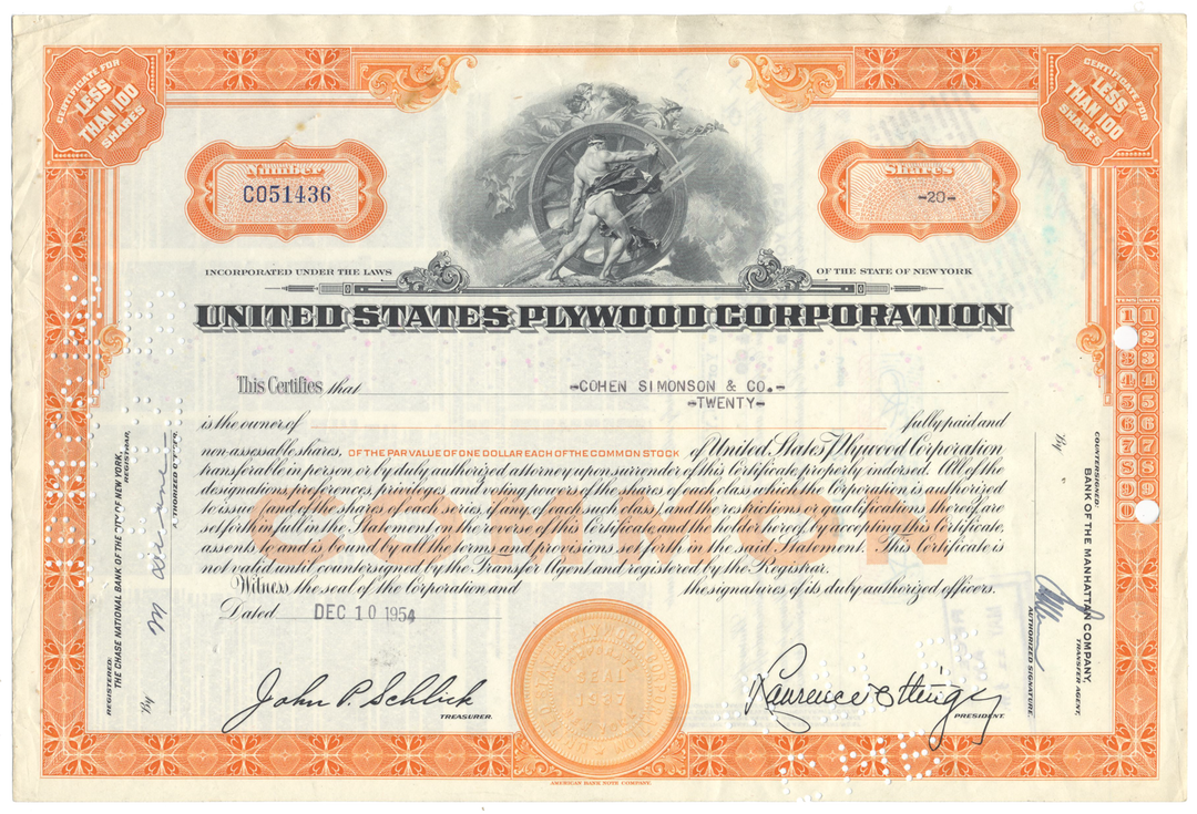 United States Plywood Corporation Stock Certificate