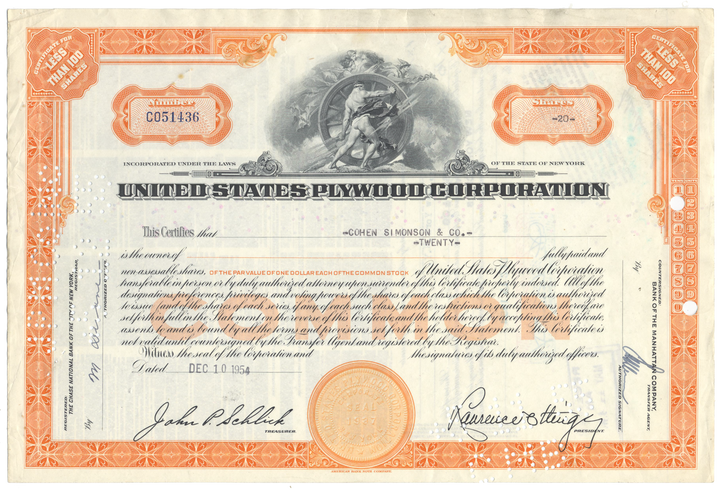 United States Plywood Corporation Stock Certificate