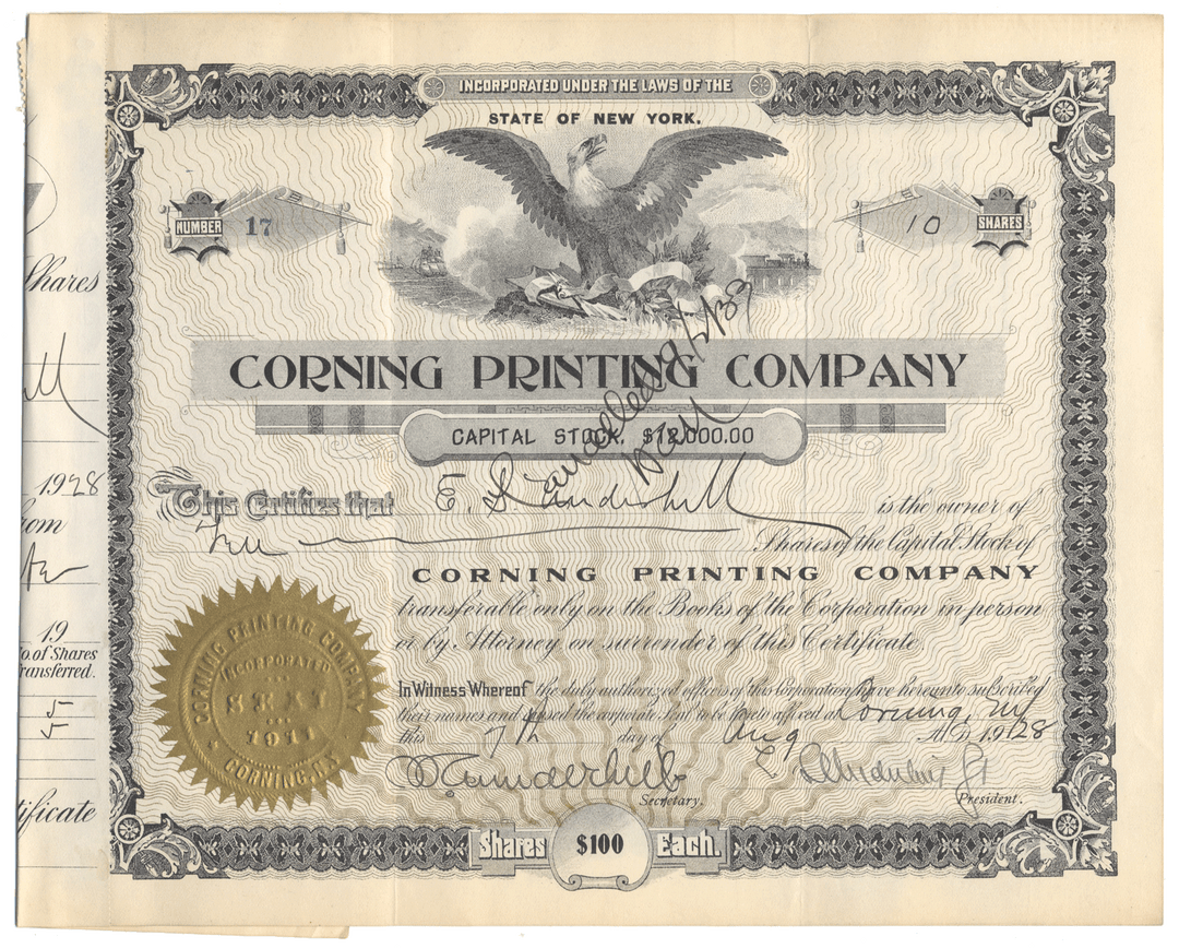 Corning Printing Company stock certificate with an eagle emblem and formal text.