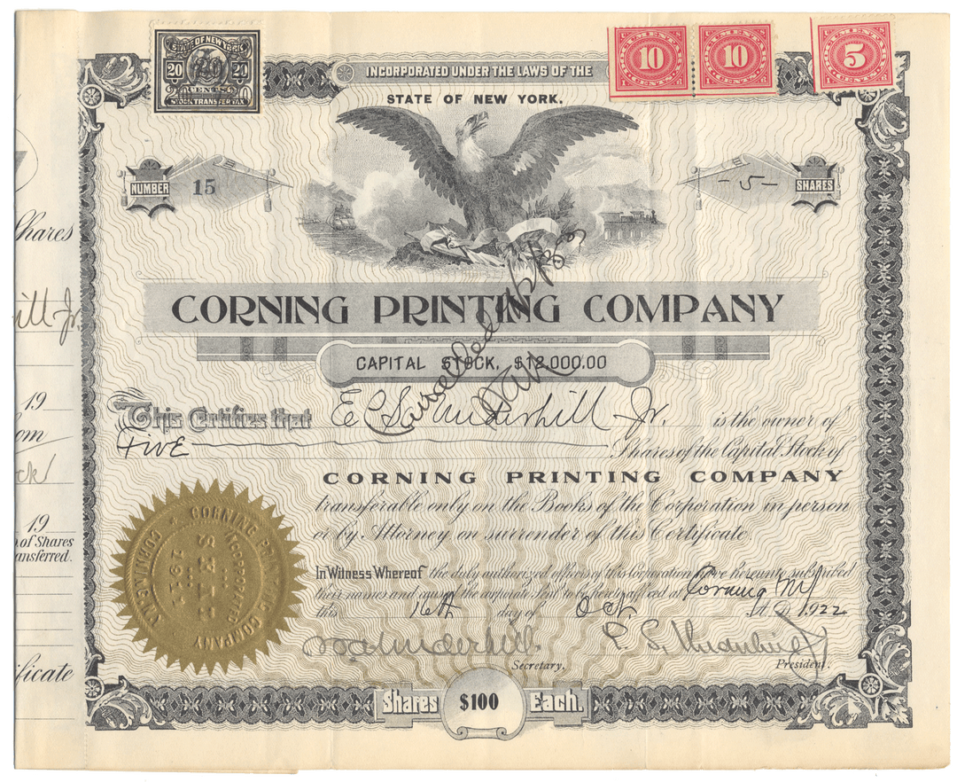 Corning Printing Company stock certificate with an eagle emblem