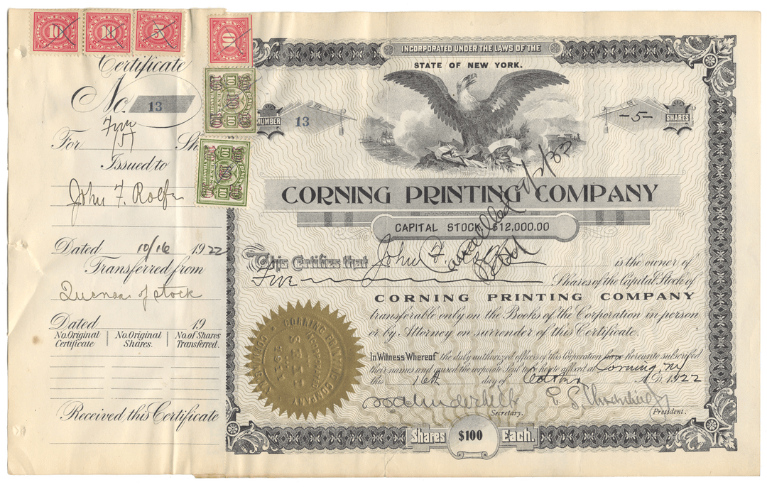 Vintage stock certificate for Corning Printing Company with an eagle emblem.