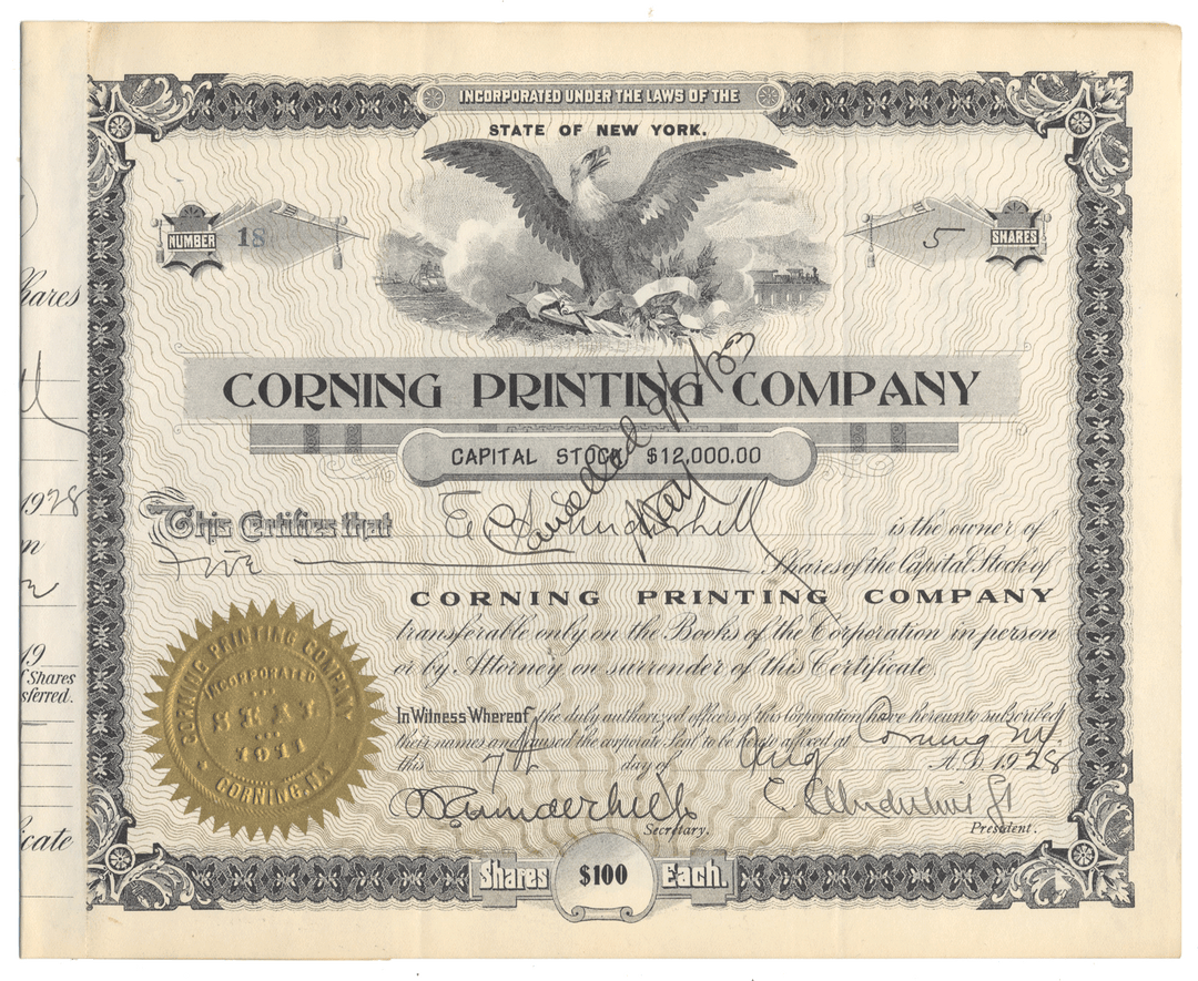Corning Printing Company stock certificate with an eagle emblem