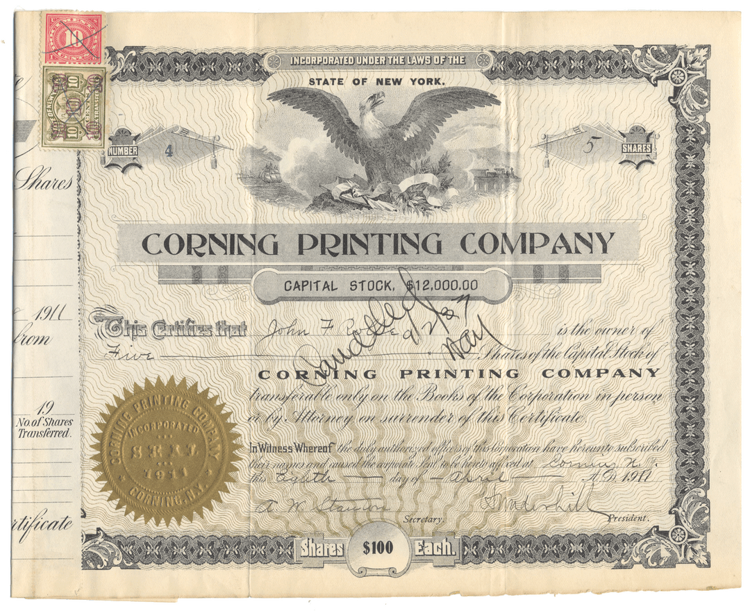 Corning Printing Company stock certificate with an eagle emblem
