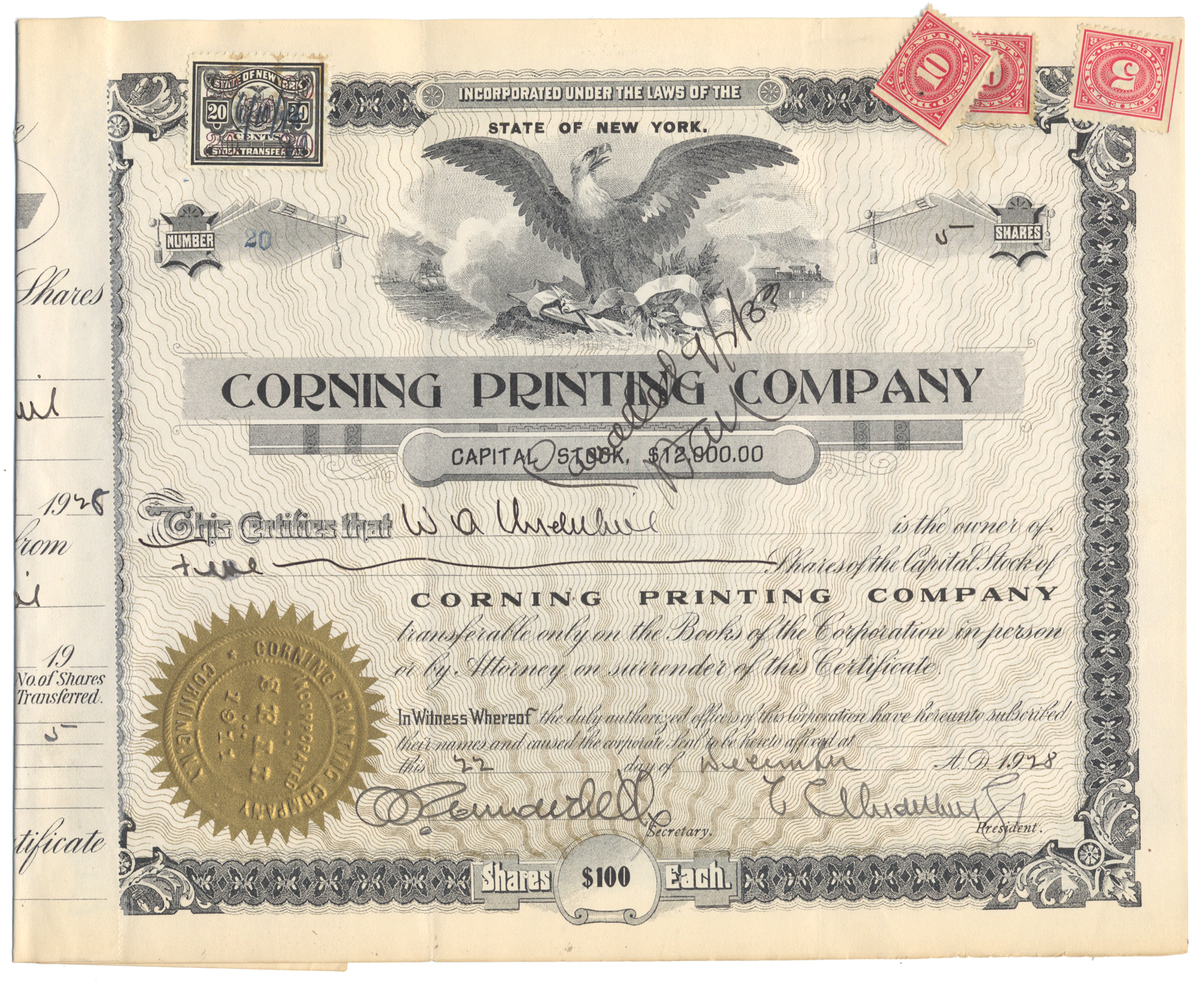 Corning Printing Company stock certificate from 1928 with an eagle emblem