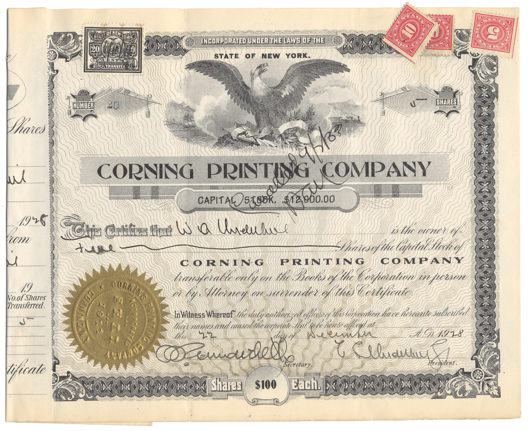 Corning Printing Company stock certificate from 1928 with an eagle emblem