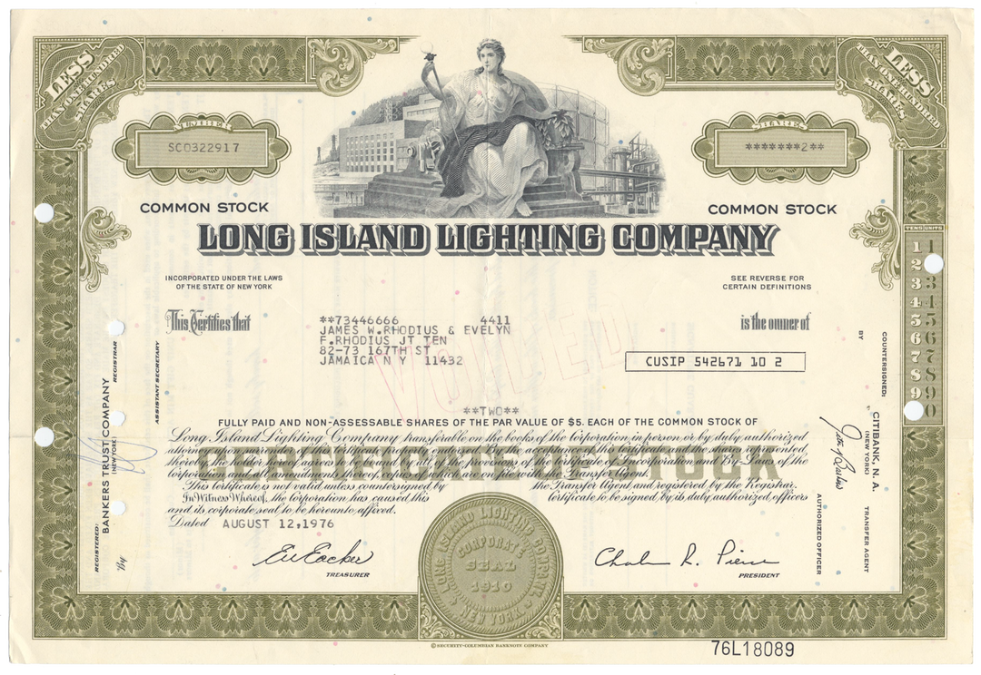 Long Island Lighting Company Stock Certificate