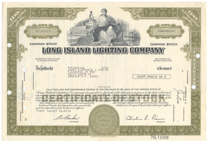 Long Island Lighting Company Stock Certificate