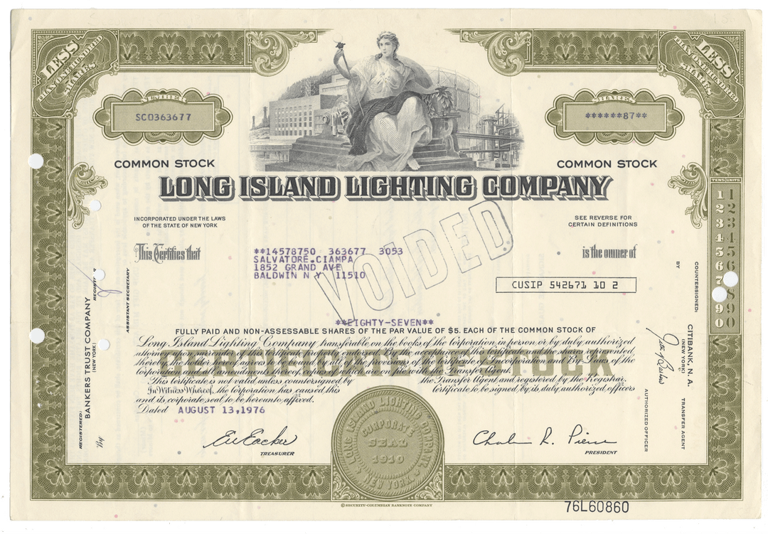 Long Island Lighting Company Stock Certificate