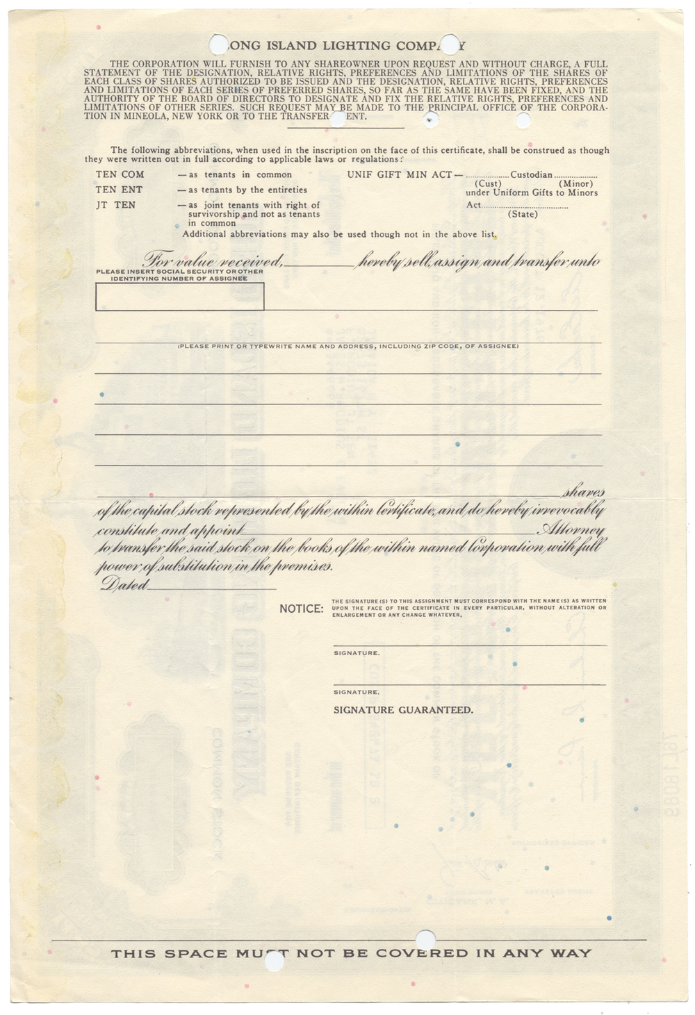 Long Island Lighting Company Stock Certificate