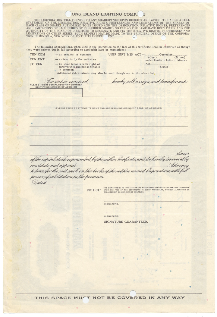 Long Island Lighting Company Stock Certificate