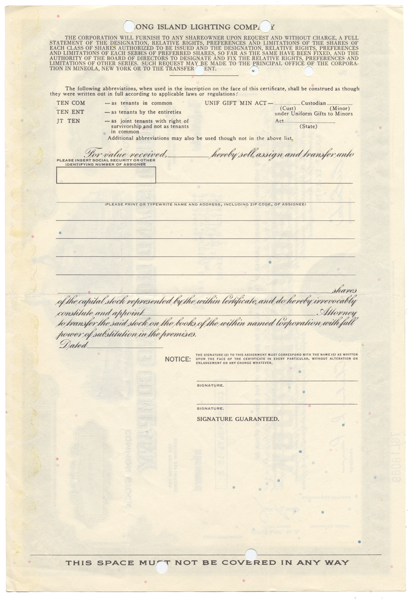 Long Island Lighting Company Stock Certificate